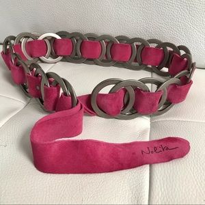 NOLITA SIGNED PINK LEATHER AND GUN METAL SATIN MULTI RING BELT